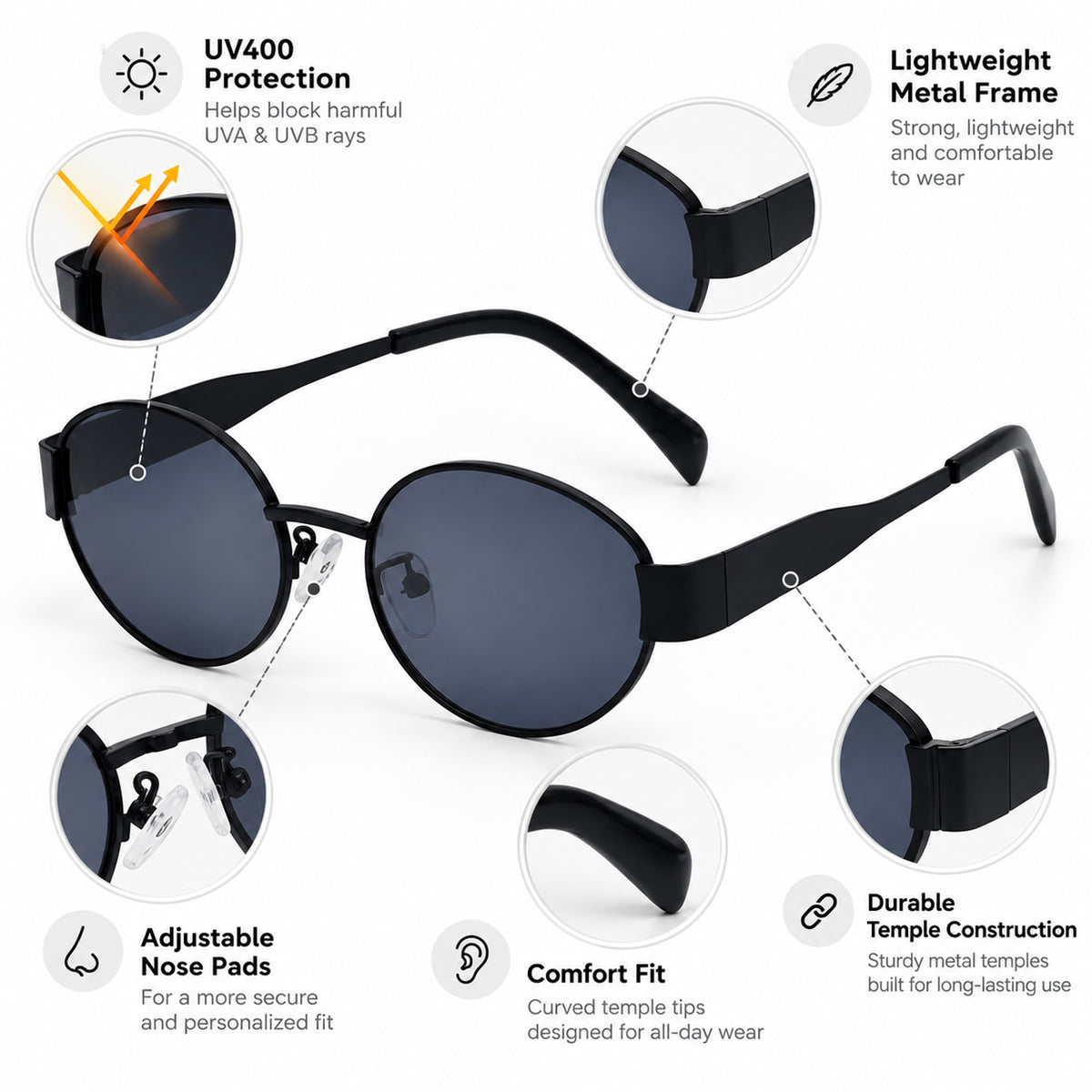 Sunglasses Polarized Oval Unisex Metal Frame UV400 Retro Style
